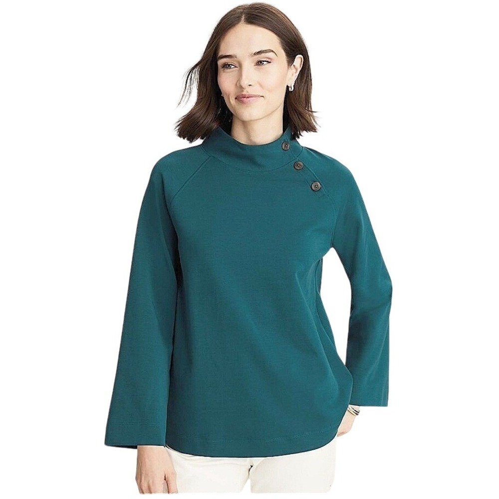 J. Jill Button Shoulder Mock Neck Women's M Teal Blue Top Preppy Minimalist